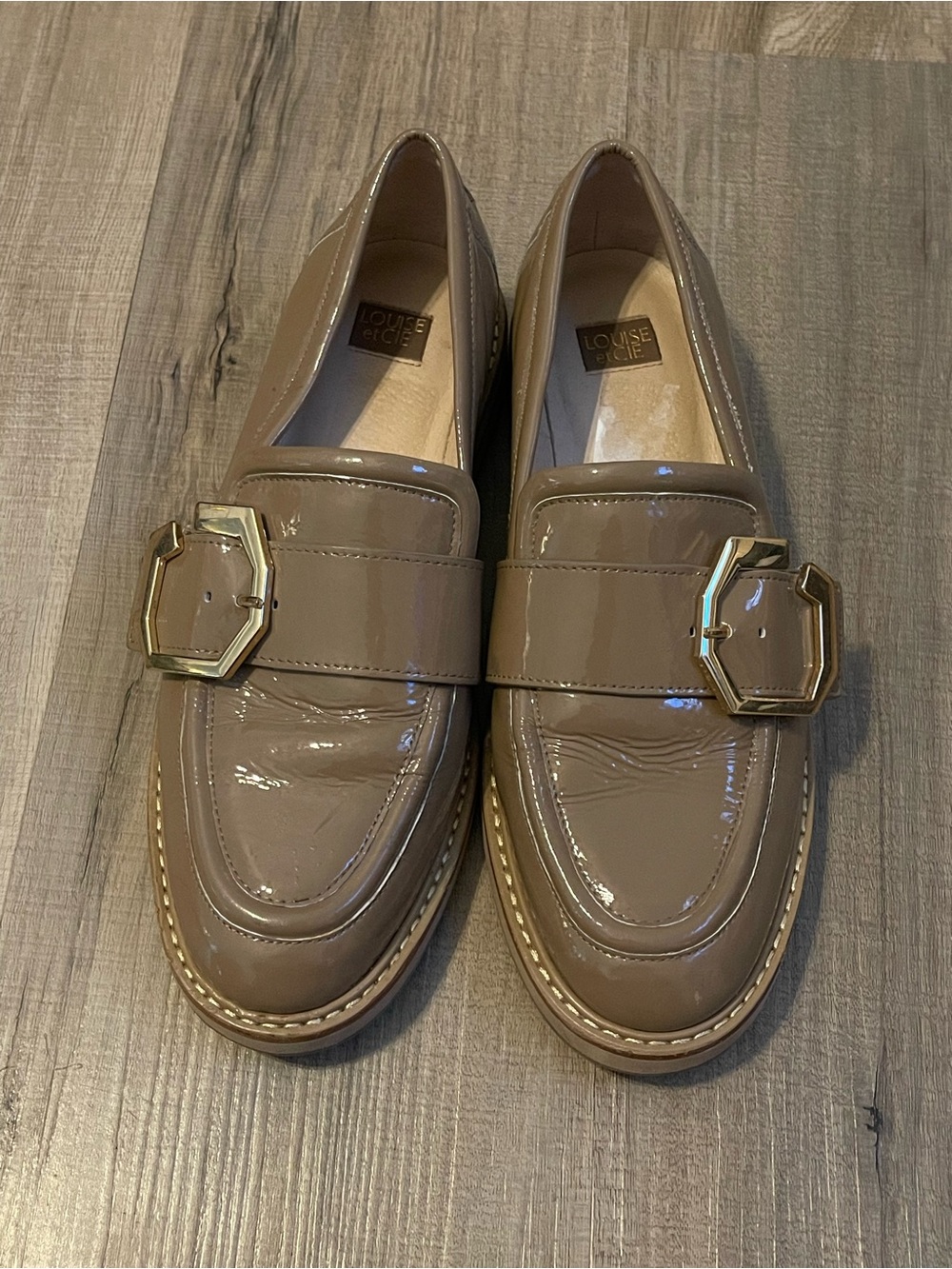 Louise et Cie Taupe Patent Loafers with Gold Buckles